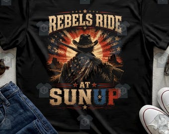 Western Cowboy Shirt Rifle Desert Landscape Graphic American Flag Design Tee