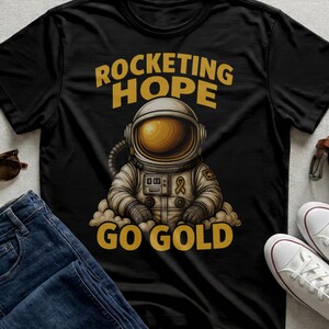 Childhood Cancer Awareness Astronaut Tee, Gold Ribbon Pediatric Support Shirt