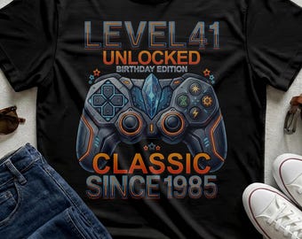 Level 41 Unlocked Gaming Birthday T-Shirt, Classic 1985 Video Controller Apparel