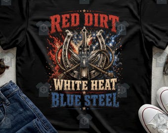 Red Dirt Shirt White Heat Blue Steel Horseshoe Revolver Gun Western Country Tee