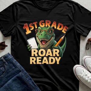 T Rex School Tee, First Grade T Rex School Dinosaur with Glasses Pencil Notepad Back to Shirt