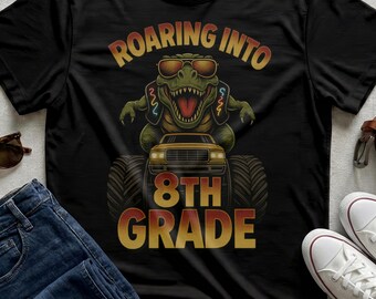 Roaring Into 8th Grade T-Rex Monster Truck Back School Youth Tee