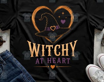 Witchy At Heart Witch Hat Heart Cute Vintage Witchy Halloween Womens Fall Tee