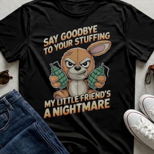 Black T-Shirt, Grenade Bunny Plush, Scary Stuffed Animal, Dark Humor Tee, Nightmare