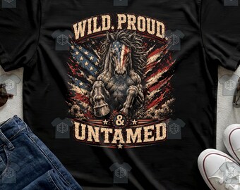 Wild Mustang Tee Distressed American Flag Untamed Horse Patriotic Shirt