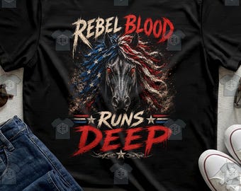 Rebel Blood Shirt Runs Deep Patriotic American Flag Horse Stallion Tee
