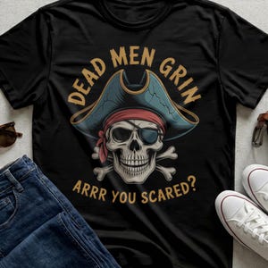 Halloween Skull Tee, Pirate Skull Halloween Tricorn Hat Eye Patch Crossed Bones Bandana Design Shirt
