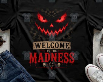 Welcome To The Madness Scary Face Horror Checkered Spooky Halloween Mens Tee