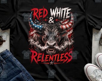 Relentless Bull Tee American Flag Red White Patriotic Rodeo Country Shirt