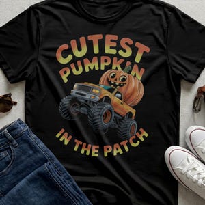 Koszulka z dyniowym monster truckiem, koszulka dla chłopców na Halloween, jesienna naszywka dla dzieci