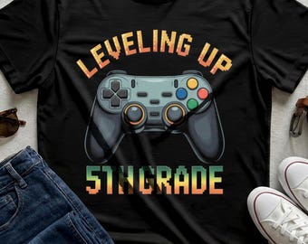 Camiseta escolar para gamers, camiseta de mando de videojuegos para quinto grado, nivel superior para gamers de primaria.