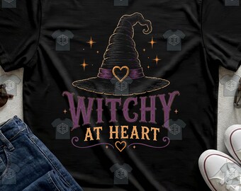 Witchy At Heart Cute Witch Hat Stars Vintage Witchy Halloween Womens Tee