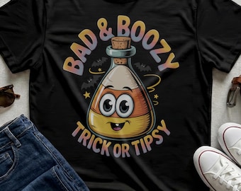 Halloween Candy Corn Potion Bottle Shirt, Adult Spooky Drink Party Tee