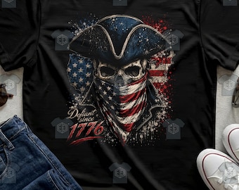 Defiant Since 1776 Tee Pirate Skull Flag Colonial Hat Patriotic American Icon