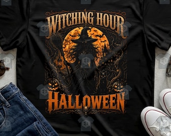 Witching Hour Halloween Vintage Witch Black Cat Moon Spooky Halloween Tee