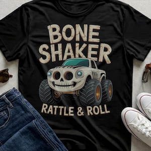 Bone Shaker Monster Truck Skull Tee, Halloween Skeleton Vehicle Shirt, Kids Off-Road