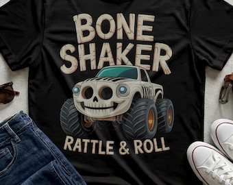 Bone Shaker Monster Truck Skull Tee, Halloween Skeleton Vehicle Shirt, Kids Off-Road