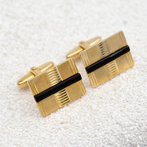 Vintage gold rectangle diamond cut cufflinks Faux black onyx cufflinks Father&#39;s Day jewelry gift