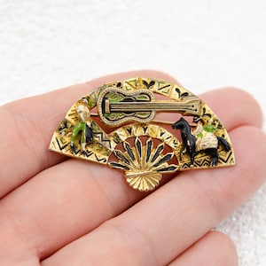 Vintage Spanish Damascene brooch Spanish teacher gift Large gold fan brooch with guitar