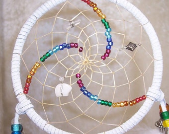 Rainbow CHAKRA Triple Spiral 5 Inch Dreamcatcher in White by Feathered Dreams