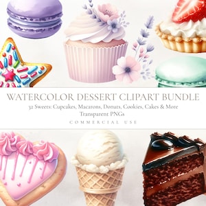 Watercolor Dessert Clipart Bundle – 32 Pastel Sweets: Cupcakes, Macarons, Donuts, Cakes & More – High-Res PNGs, Transparent Background