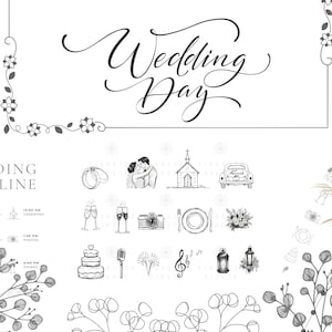May include: A black and white illustration of a wedding day timeline with various icons including a church, a car, a cake, champagne glasses, a microphone, fireworks, and musical notes. The text "Wedding Day" is written in cursive at the top of the image. The text "DING LINE" is written in all caps below the icons.