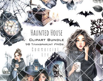 Haunted House Watercolor Clipart – Elegant, Spooky, Haunted Props & Gothic Backgrounds | Halloween PNG Bundle