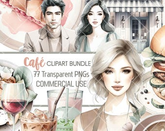 Aquarell Café Clipart Bundle. Transparente PNG Dateien. Essen & Trinken, Barista, Gäste, Café Interior. Kaffeestube
