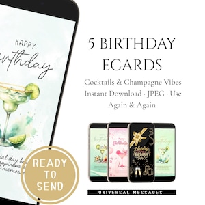 Geburtstag eCard Bundle – 5 digitale Karten mit Cocktails & Champagner – Sofort Download – Lustige Geburtstagsgrüße – Versand per Text oder E-Mail