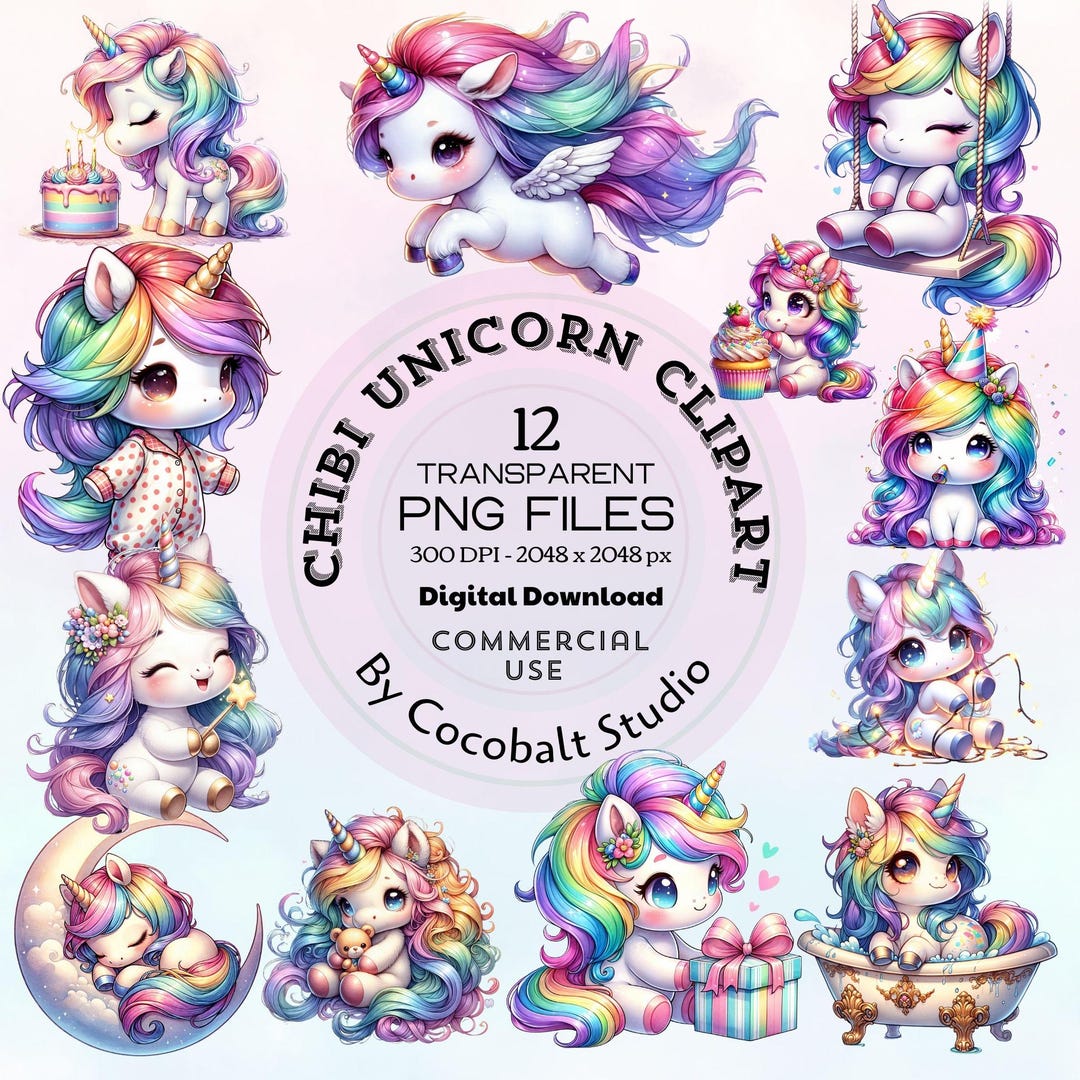 Chibi Unicorn Clipart Bundle | Kawaii Unicorn PNG Set | Cute Pastel ...