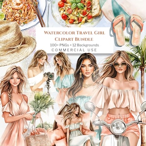 Watercolor Travel Girl Clipart Bundle — 100+ PNGs + 12 Backgrounds |  Accessories & Scenic Destinations | Commercial Use
