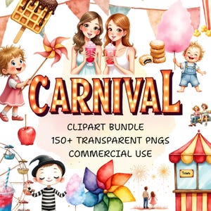 Karneval Clipart | Kirmes Aquarell PNG | Karneval Thema Grafiken | Zirkus & Festival Digital Art | Zuckerwatte, Fahrgeschäfte, Spiele, Snacks