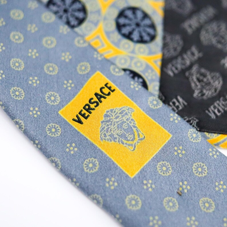 Versace Silk Tie Medusa Geometric Gold Blue Made Italy Vintage Luxury image 7