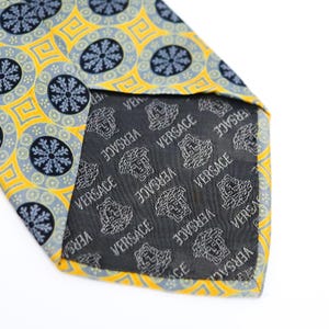Versace Silk Tie Medusa Geometric Gold Blue Made Italy Vintage Luxury image 4