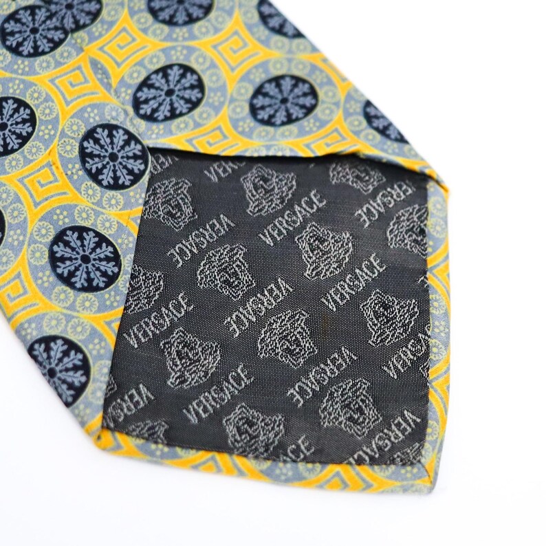 Versace Silk Tie Medusa Geometric Gold Blue Made Italy Vintage Luxury image 4