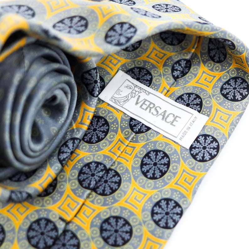 Versace Silk Tie Medusa Geometric Gold Blue Made Italy Vintage Luxury image 9
