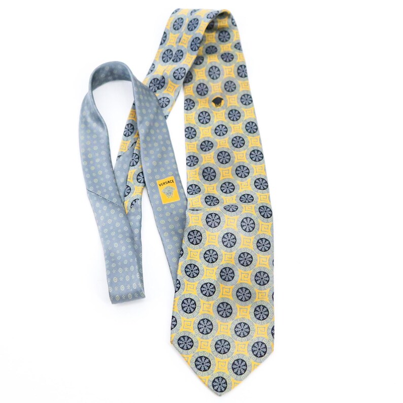 Versace Silk Tie Medusa Geometric Gold Blue Made Italy Vintage Luxury image 2