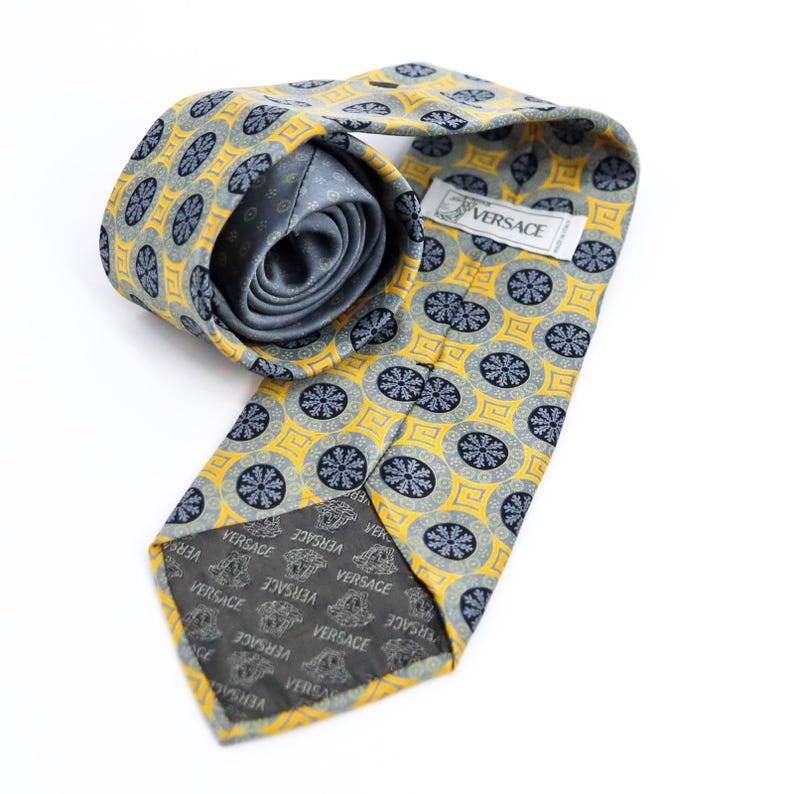 Versace Silk Tie Medusa Geometric Gold Blue Made Italy Vintage Luxury image 1