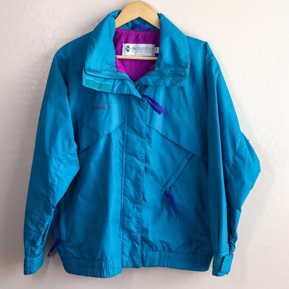 Columbia, Vintage 90s Columbia Windbreaker Jacket Womens L Teal Purple Radial Sleeve