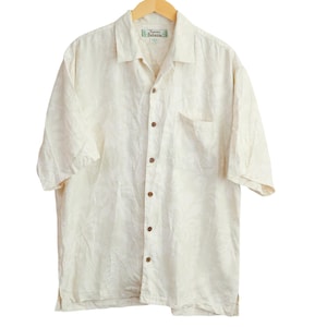 Vintage Tommy Bahama Silk Camp Shirt M Cream Tonal Floral Jacquard SS Resortwear