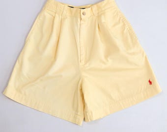 Pantaloncini plissettati Ralph Lauren da donna, taglia 6, gialli, vintage anni '90, cotone, vita alta, rosso pony