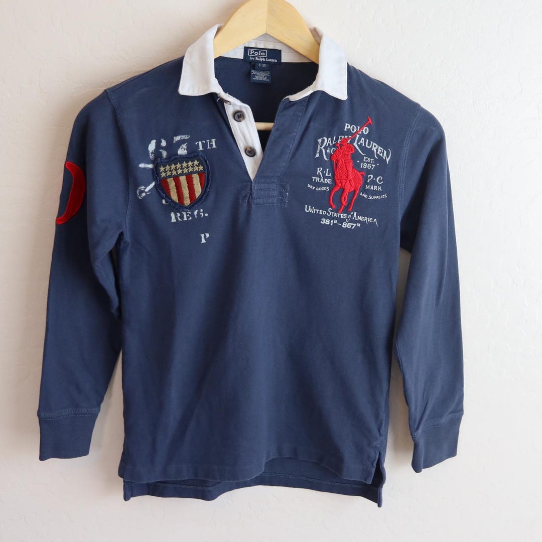 Vintage Polo Ralph Lauren Rugby Shirt Boys S 8 Blue Red Big Pony ...