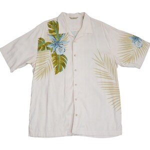Tommy Bahama Silk Camp Shirt Men Large Cream Floral Palm Leaf Button Up Tropical