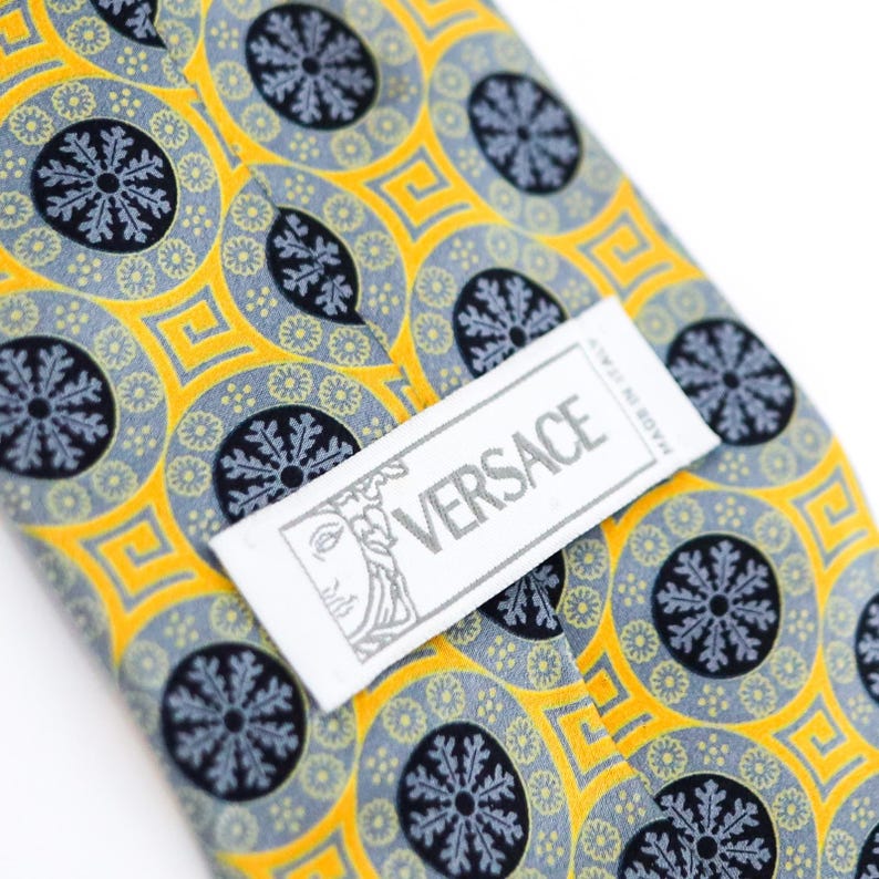 Versace Silk Tie Medusa Geometric Gold Blue Made Italy Vintage Luxury image 3