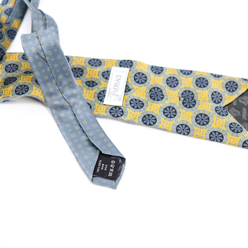 Versace Silk Tie Medusa Geometric Gold Blue Made Italy Vintage Luxury image 6