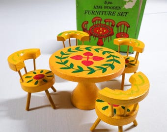 Alfred E Knobler Mini Wooden Furniture Set Vintage Yellow Floral 5pc Dollhouse