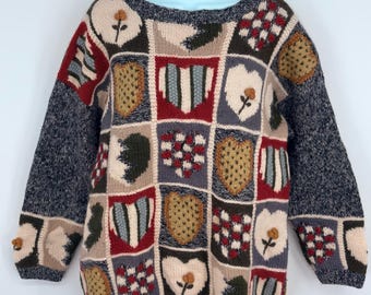 VTG Jennifer Reed Wool Knit Sweater Women Heart Flower Patchwork Oversized L/XL