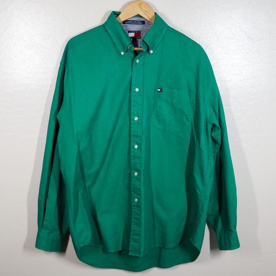 tommy hilfiger green dress shirt Vintage Button Down Cotton Logo Pocket Men's Large inv-69