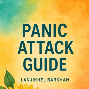 Puede incluir: Portada de libro con el título "PANIC ATTACK GUIDE" en letras turquesas, con el nombre del autor, Lanjikhel Barkhan, debajo. Un gran girasol con pétalos amarillos y centro marrón está en la esquina inferior izquierda, sobre un fondo de acuarela.