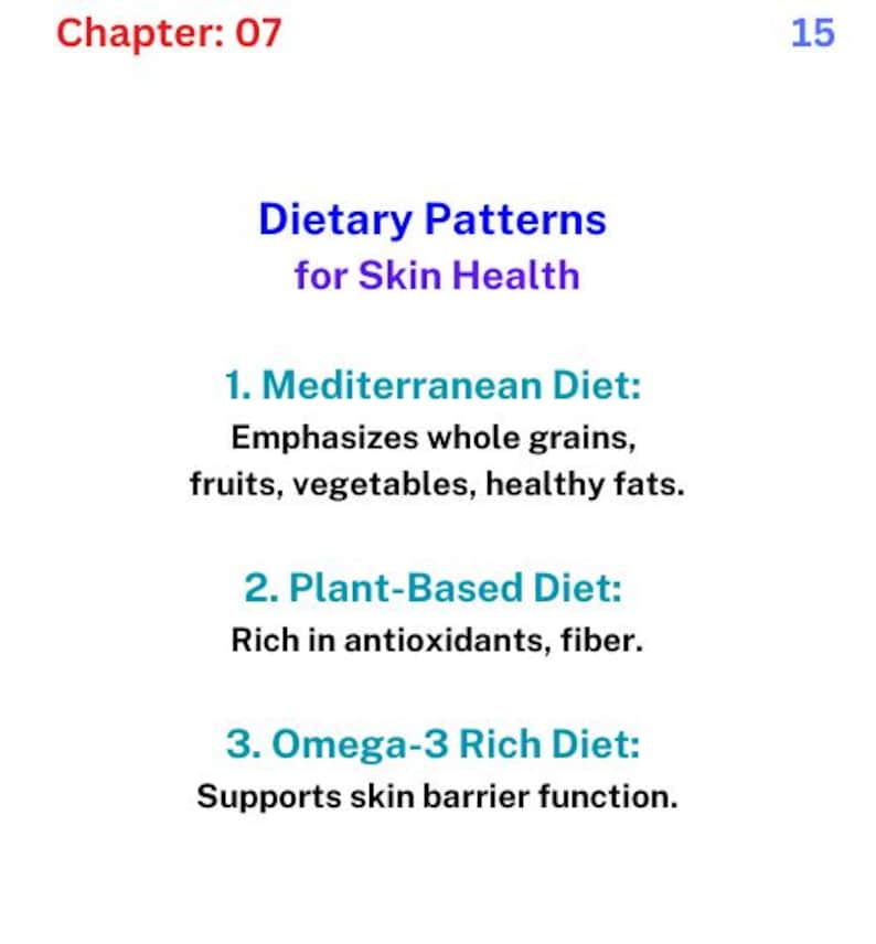Puede incluir: Una infograf&iacute;a basada en texto titulada "Patrones diet&eacute;ticos para la salud de la piel" enumera tres dietas: mediterr&aacute;nea, basada en plantas y rica en omega-3. Cada dieta se describe con una breve explicaci&oacute;n de sus beneficios para la salud de la piel.